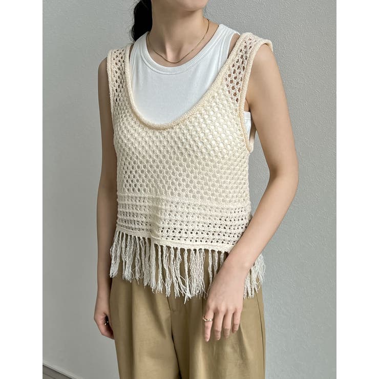 アイボリー(003) | [2024 SUMMER PRE ORDER]メッシュニットフリンジトップス | Re:EDIT