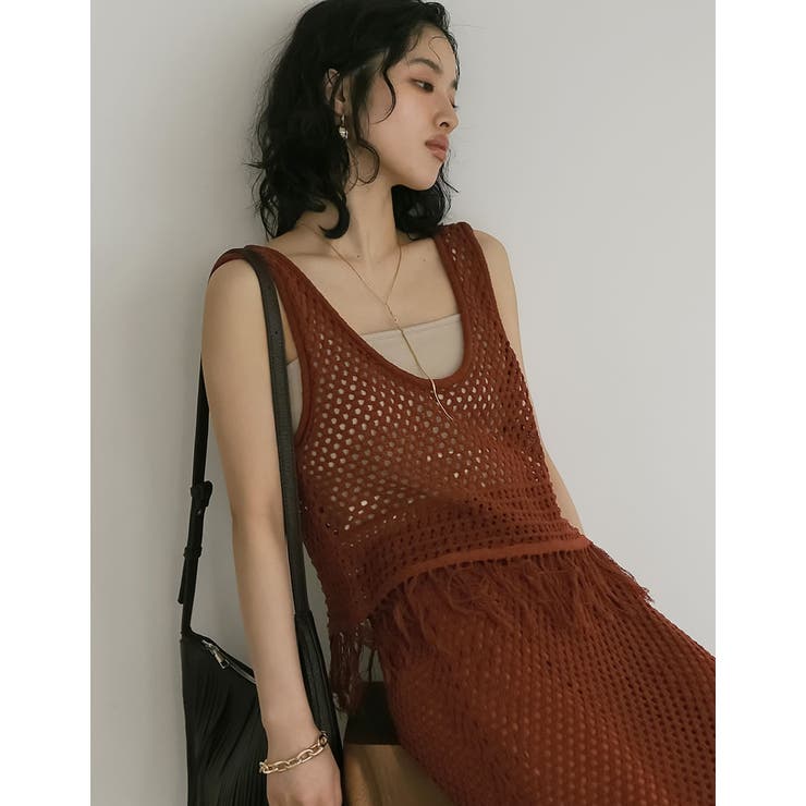 オレンジ(015) | [2024 SUMMER PRE ORDER]メッシュニットフリンジトップス | Re:EDIT