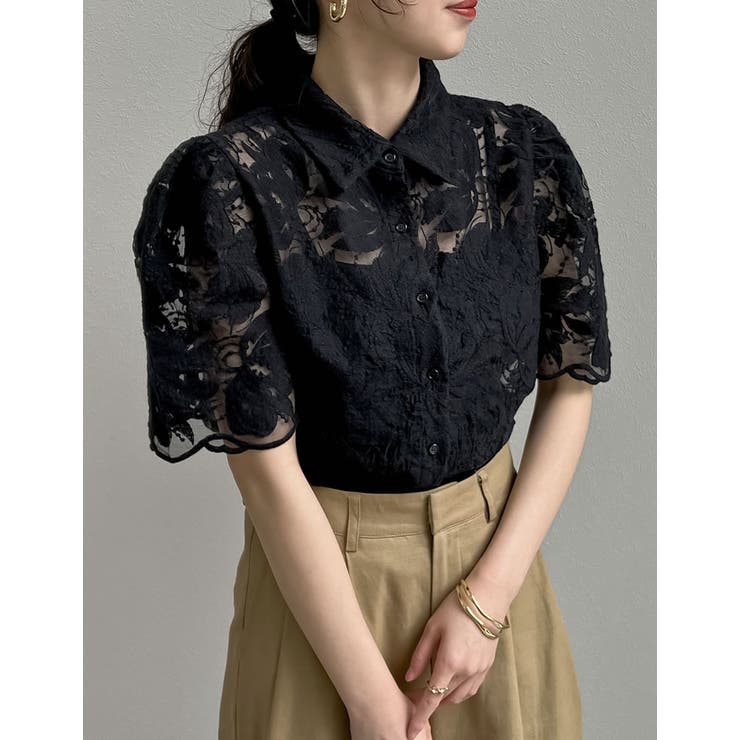 45R スキッパー　エンブロイダリー　シャツワンピース　黒　S レース　半袖 45R スキッパー エンブロイダリー シャツワンピース 黒 S レース 半袖