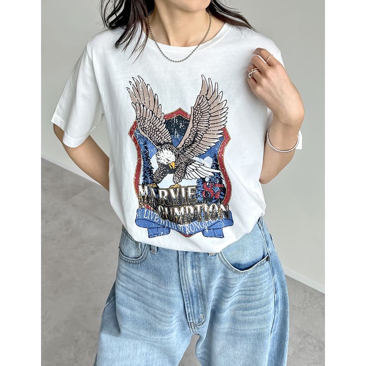 コットンイーグルプリントヴィンテージライクTシャツ[品番 