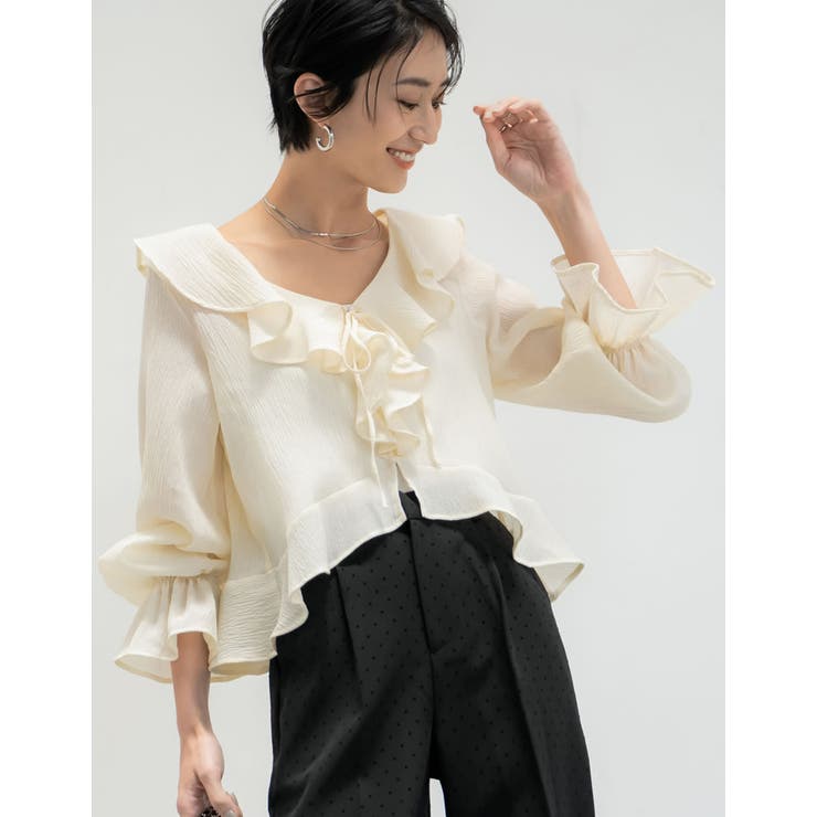アイボリー(003) | ラッフルフリルカラーリボンブラウス | Re:EDIT
