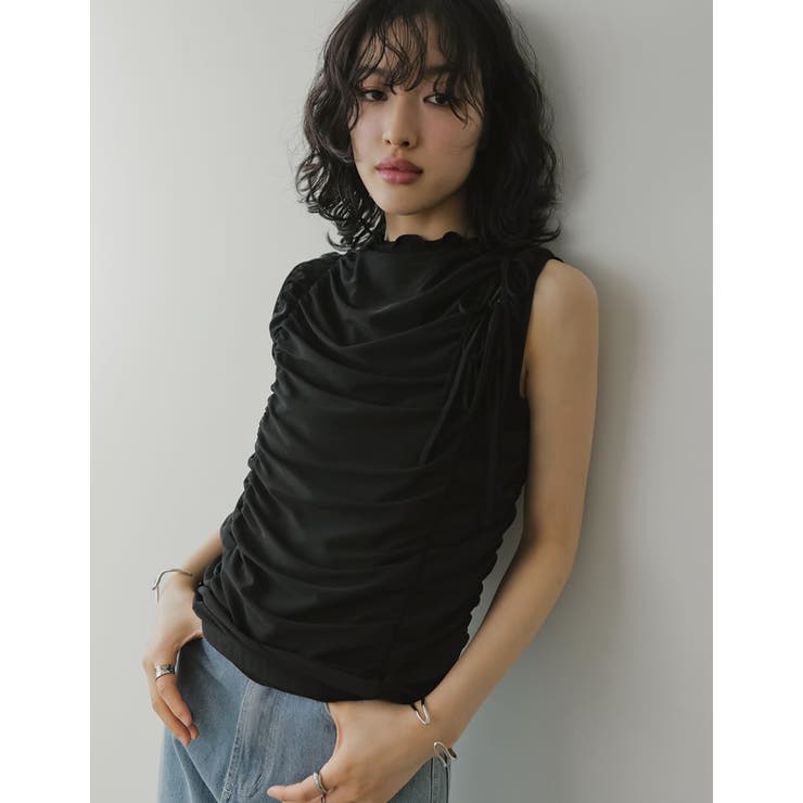 ブラック(001) | サイドリボンギャザーチュールトップス | Re:EDIT