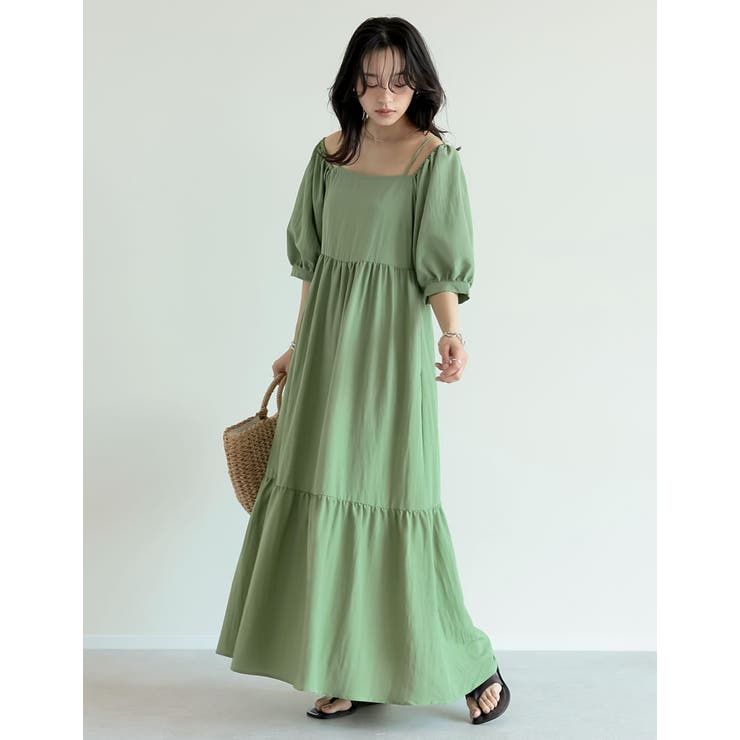 グリーン(017) | [新色追加][低身長サイズ有]パフスリーブティアードワンピース | Re:EDIT