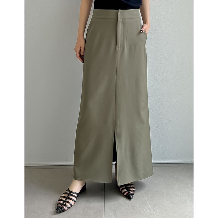 カーキ(018) | リネンライクスリットナロースカート | Re:EDIT