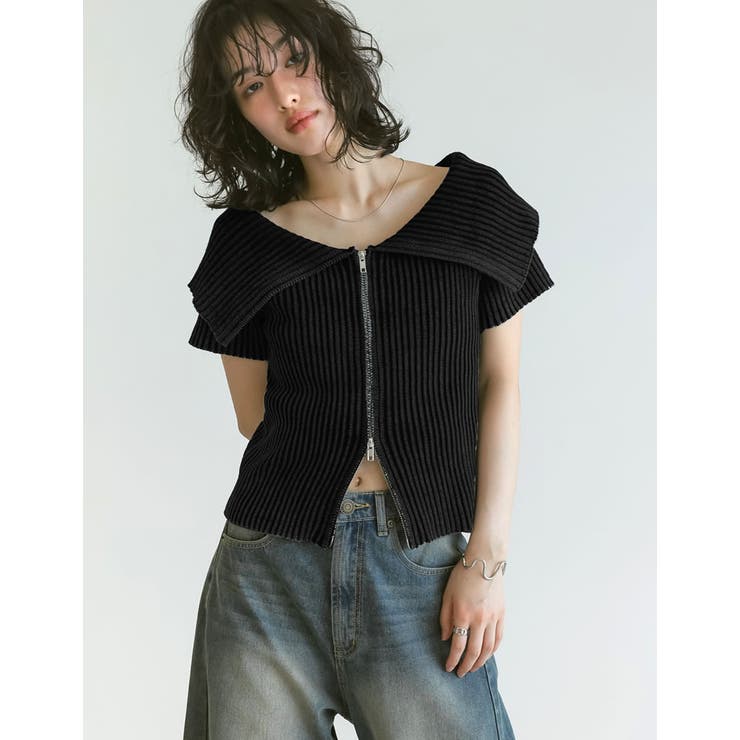 2WAYオフショルダーダブルジップニット[品番：GS000022333]｜Re