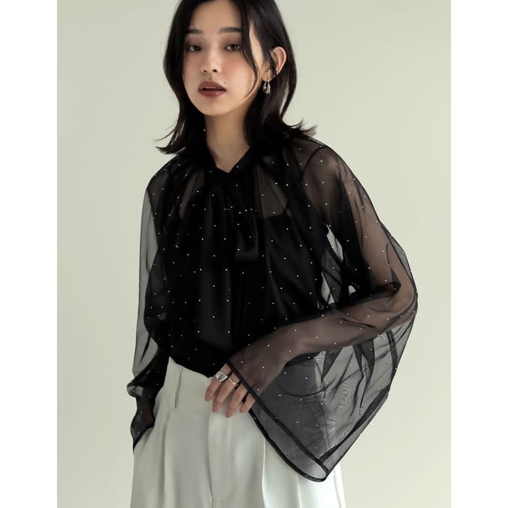 シアービジュー＆シフォンボウタイ付きブラウス[品番