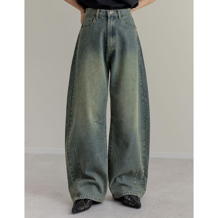 ヴィンテージブルー(511) | [低身長/高身長サイズ有]メタルストーンバレルレッグデニムパンツ | Re:EDIT