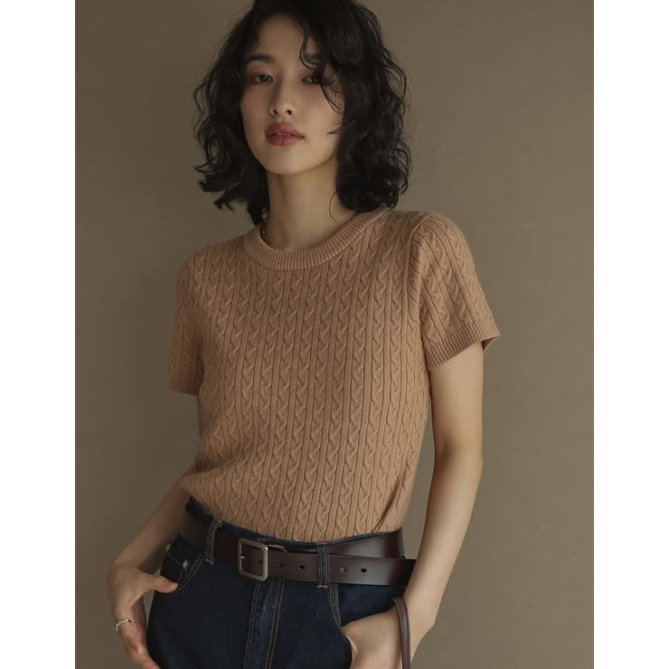 ケーブルクルーネック半袖ニットトップス[品番：GS000022366]｜Re:EDIT