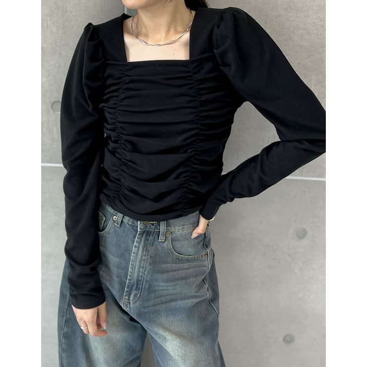 ストレッチリブカットソースクエアネックギャザーパフスリーブ