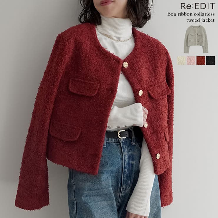 [入卒式 セレモニー]ボアリボン金釦ノーカラーツイードジャケット | Re:EDIT | 詳細画像1 