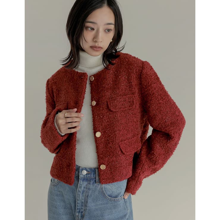 ボアリボン金釦ノーカラーツイードジャケット[品番：GS000022436]｜Re