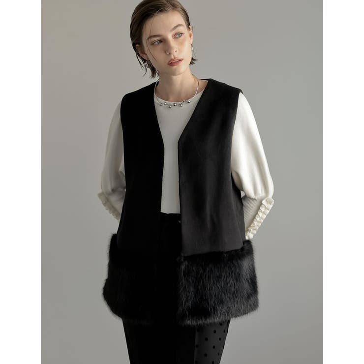 ブラック(501) | シャギーメルトン裾フェイクファーベスト | Re:EDIT