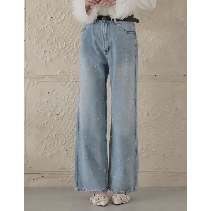 パールブルー(511) | ラインストーンorパールコットンデニムバギーパンツ | Re:EDIT