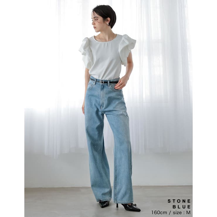 ラインストーンorパールコットンデニムバギーパンツ[品番