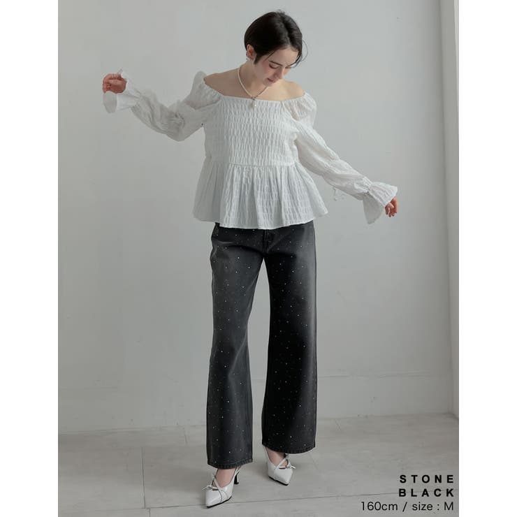 ラインストーンorパールコットンデニムバギーパンツ[品番