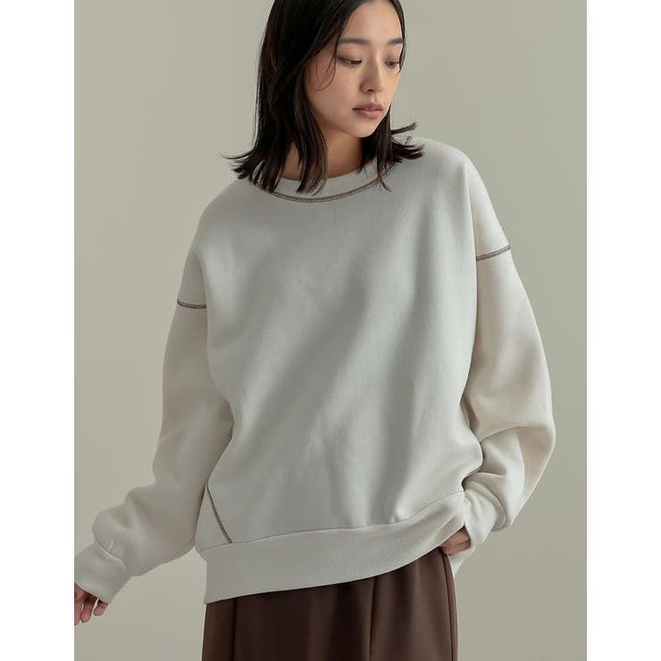 配色アイボリー(972) | 無地or配色ステッチ裏起毛スウェットプルオーバー | Re:EDIT