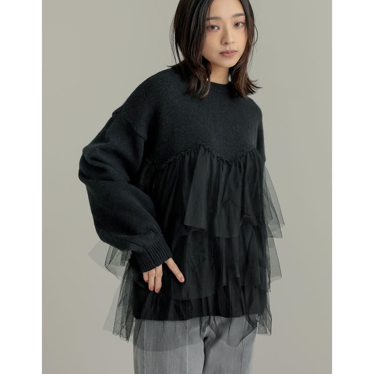 ブラック(501) | チュールギャザーモヘアタッチニットプルオーバー | Re:EDIT