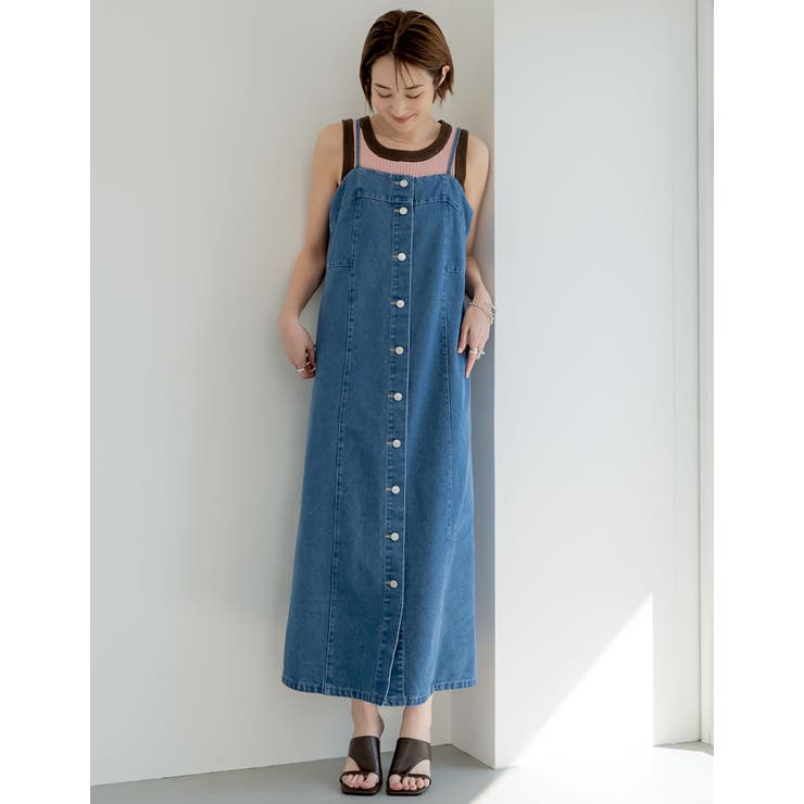 ブルー(511) | [低身長/高身長サイズ有]コットンデニムフロントボタンキャミソールワンピース | Re:EDIT
