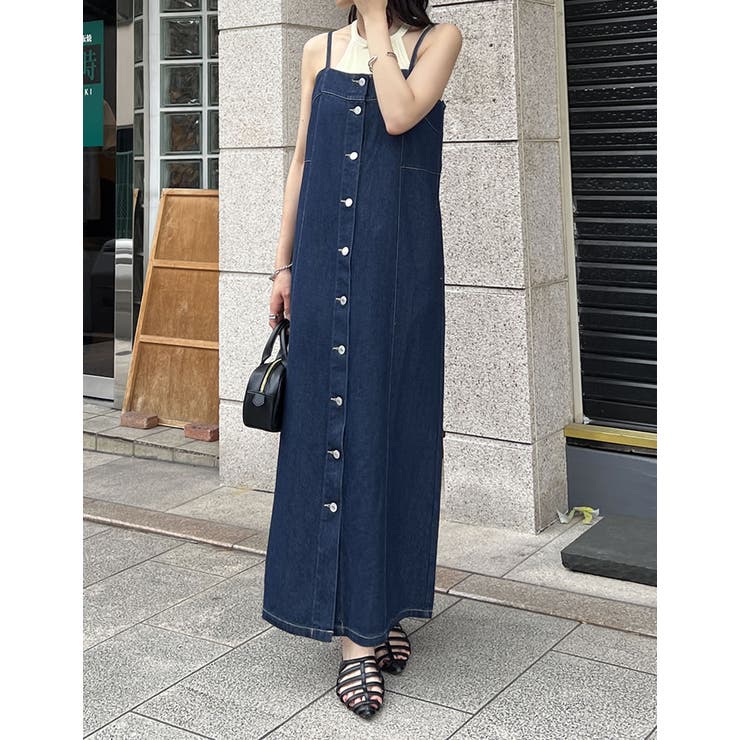 ネイビー(711) | [低身長/高身長サイズ有]コットンデニムフロントボタンキャミソールワンピース | Re:EDIT