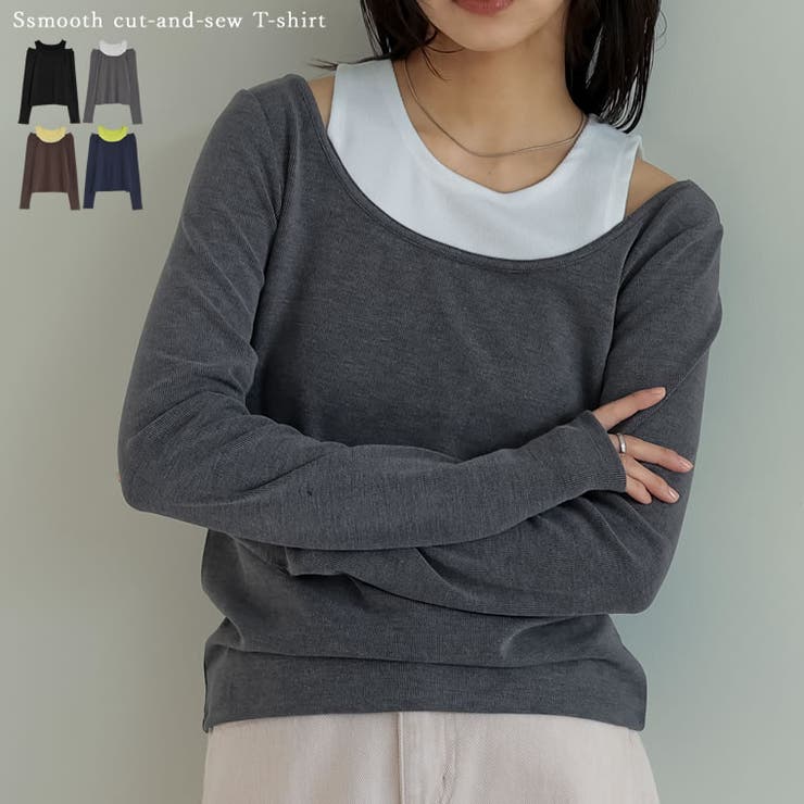 レイヤード風配色スムースカットソーロングTシャツ[品番