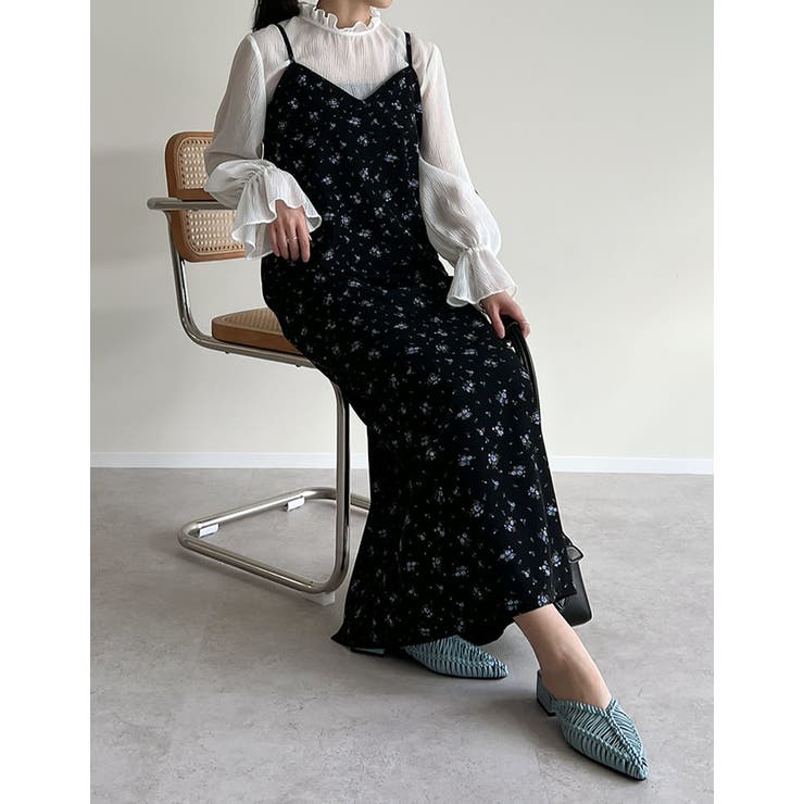 花柄ブラック(901) | [低身長サイズ有]花柄orドット柄デシンキャミソールワンピース | Re:EDIT