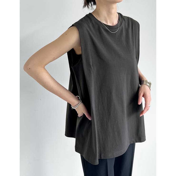 チャコールグレー(703) | 綿天竺ショルダータックノースリーブTシャツ | Re:EDIT