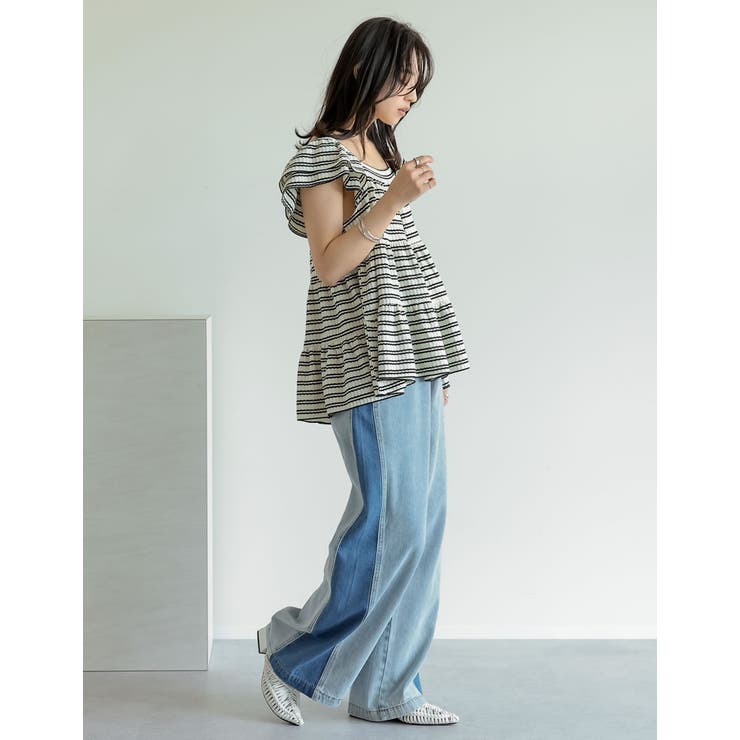 スクエアネックワッフルボーダーフリルフレンチスリーブトップス | Re:EDIT | 詳細画像11 