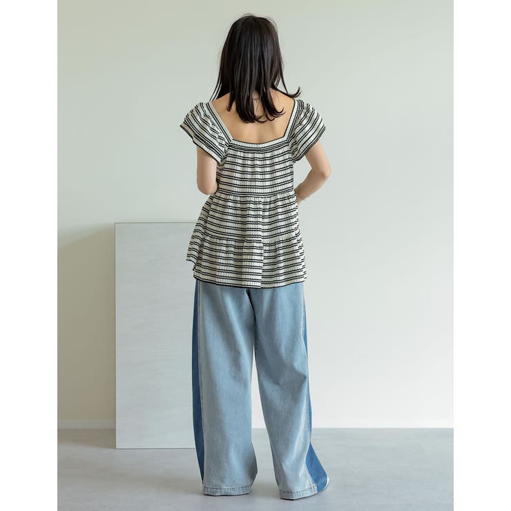 スクエアネックワッフルボーダーフリルフレンチスリーブトップス | Re:EDIT | 詳細画像12 