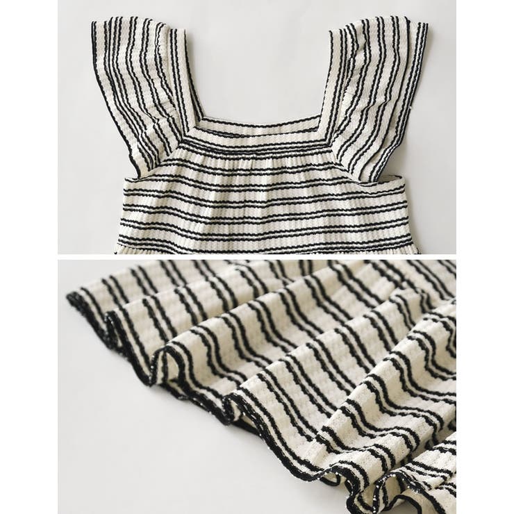 スクエアネックワッフルボーダーフリルフレンチスリーブトップス | Re:EDIT | 詳細画像13 