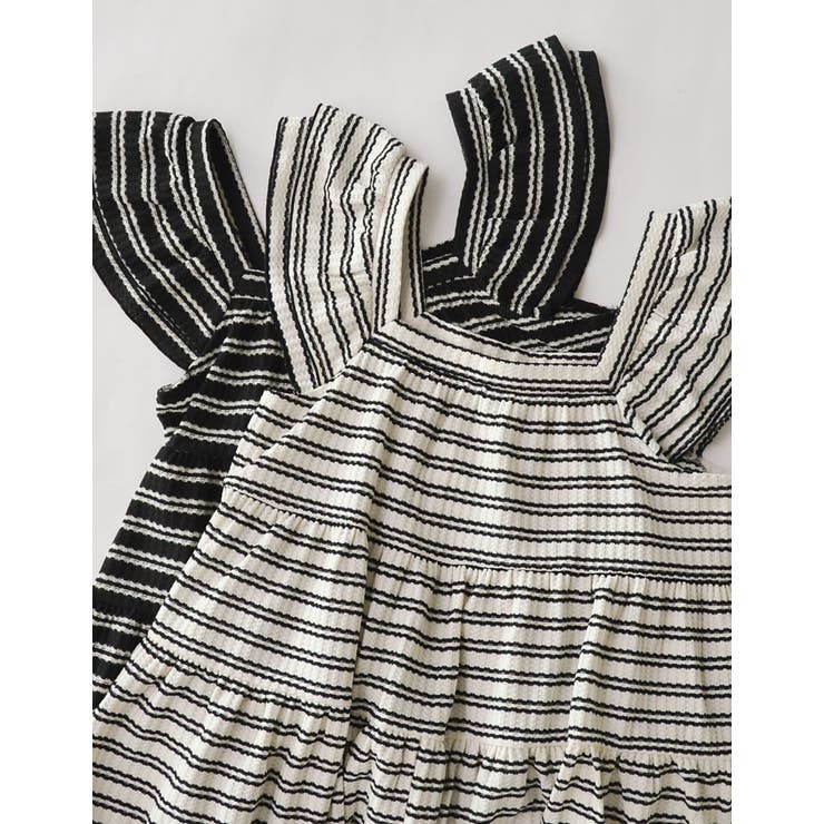 スクエアネックワッフルボーダーフリルフレンチスリーブトップス | Re:EDIT | 詳細画像2 