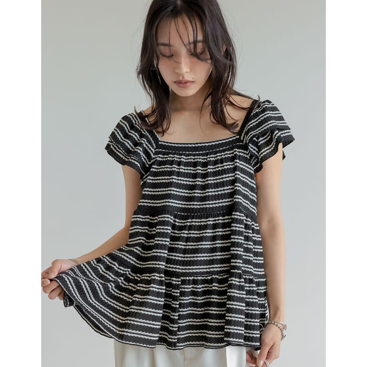 スクエアネックワッフルボーダーフリルフレンチスリーブトップス | Re:EDIT | 詳細画像3 