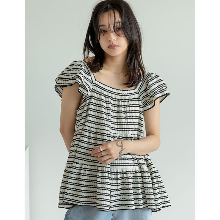 スクエアネックワッフルボーダーフリルフレンチスリーブトップス | Re:EDIT | 詳細画像4 