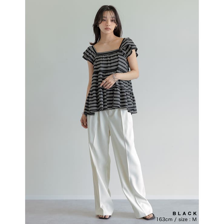 スクエアネックワッフルボーダーフリルフレンチスリーブトップス | Re:EDIT | 詳細画像6 