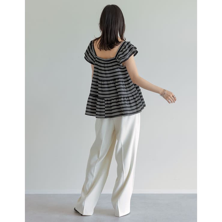 スクエアネックワッフルボーダーフリルフレンチスリーブトップス | Re:EDIT | 詳細画像8 