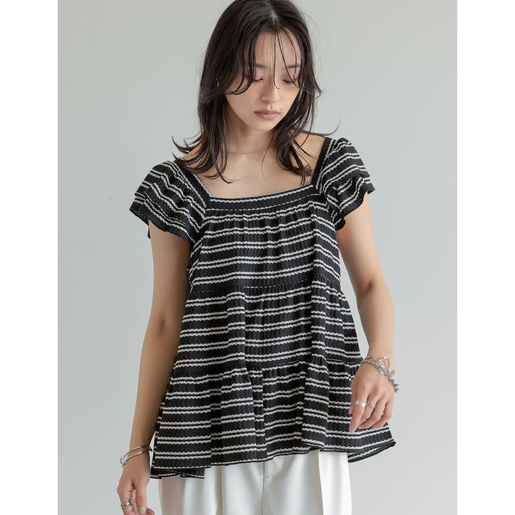 スクエアネックワッフルボーダーフリルフレンチスリーブトップス | Re:EDIT | 詳細画像9 