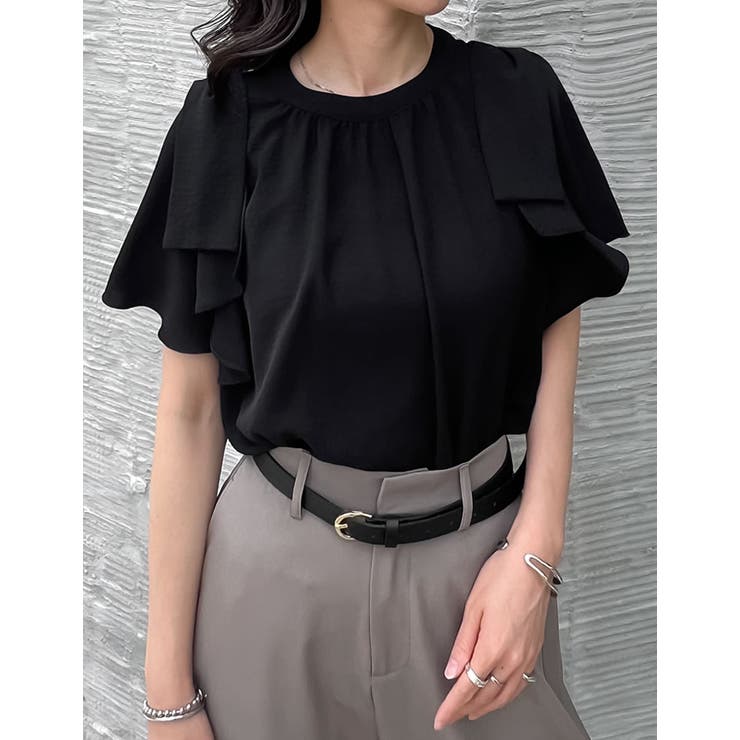 ブラック(501) | ポーララッフルスリーブリボンブラウス | Re:EDIT