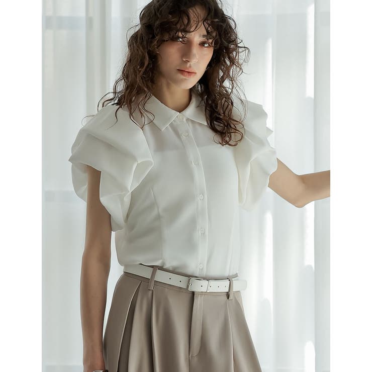 ホワイト(502) | ジョーゼットフリルスリーブ半袖ブラウス | Re:EDIT