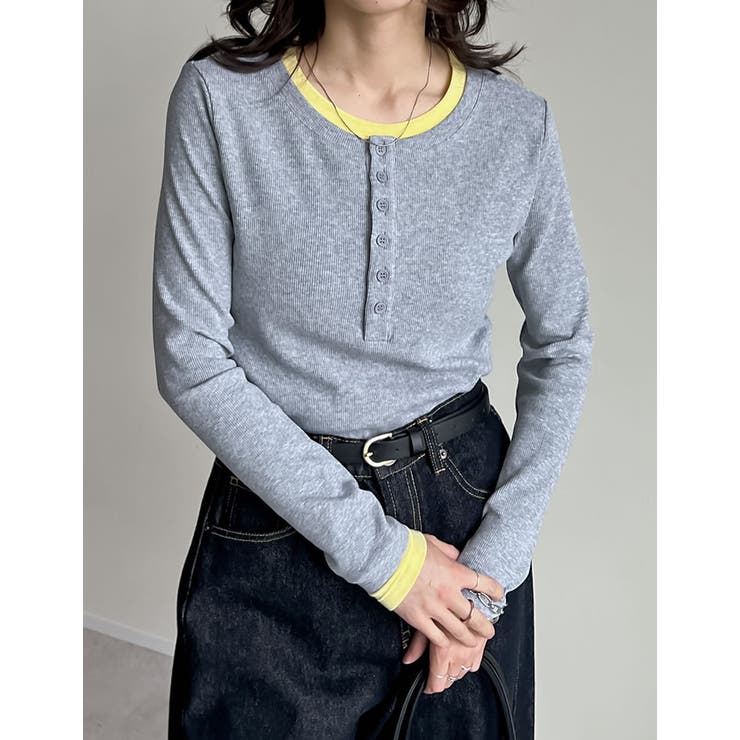 グレー×イエロー(503) | 配色ヘンリーネックレイヤード風長袖トップス | Re:EDIT