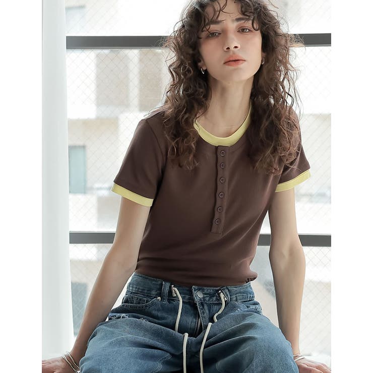 配色ヘンリーネックレイヤード風半袖トップス[品番：GS000022817]｜Re