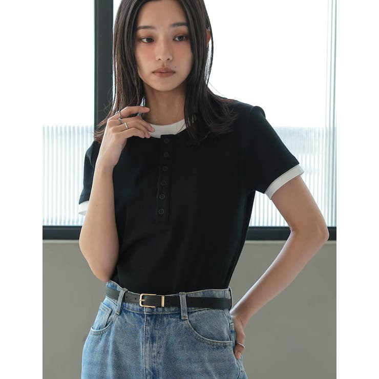 配色ヘンリーネックレイヤード風半袖トップス[品番：GS000022817]｜Re