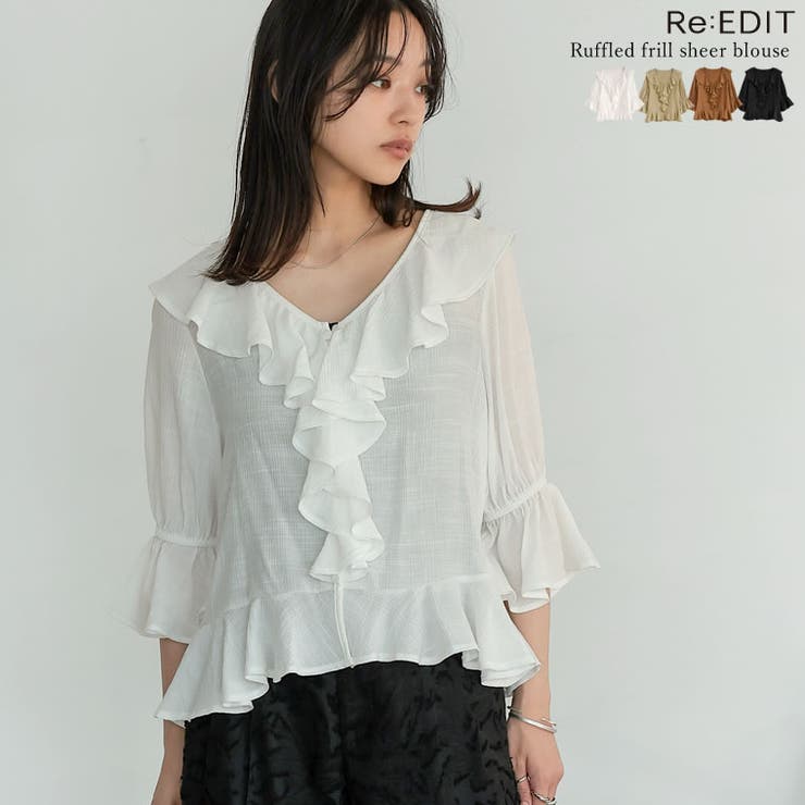 ラッフルフリルカラー楊柳シアーブラウス | Re:EDIT | 詳細画像1 