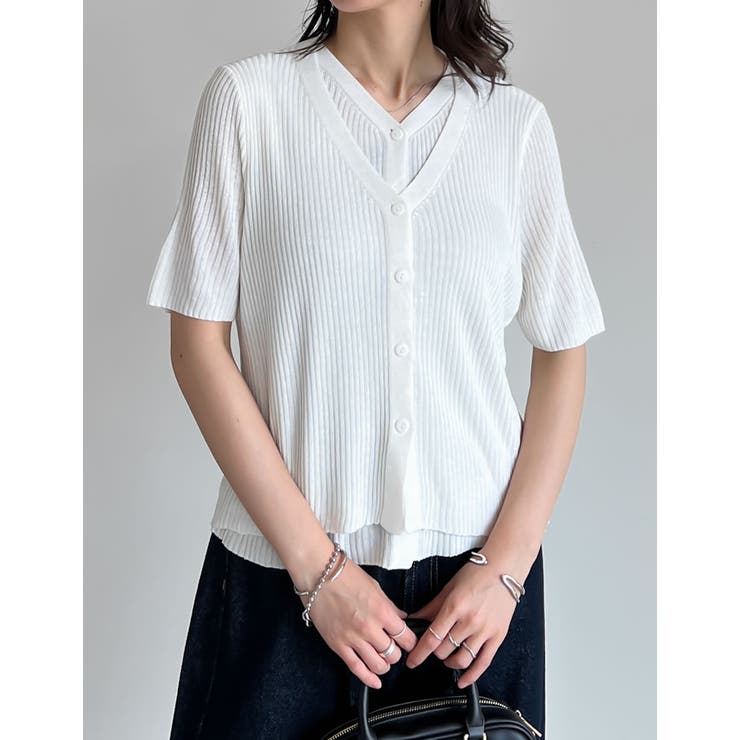 リブニット配色レイヤード風半袖カーディガン | Re:EDIT | 詳細画像14 