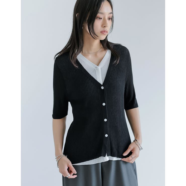 リブニット配色レイヤード風半袖カーディガン | Re:EDIT | 詳細画像2 