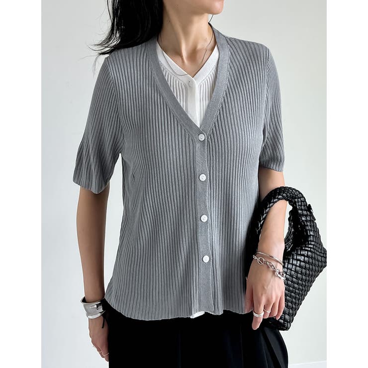 リブニット配色レイヤード風半袖カーディガン | Re:EDIT | 詳細画像3 