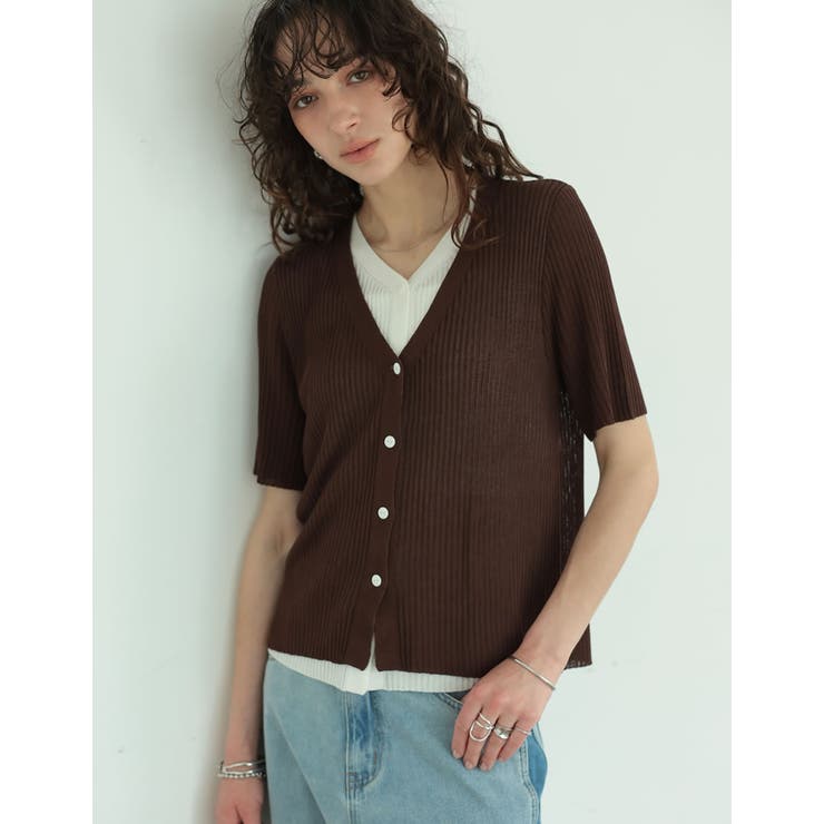 リブニット配色レイヤード風半袖カーディガン | Re:EDIT | 詳細画像5 