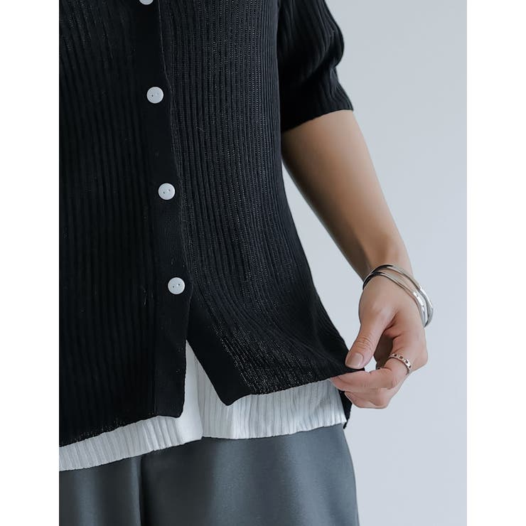 リブニット配色レイヤード風半袖カーディガン | Re:EDIT | 詳細画像8 