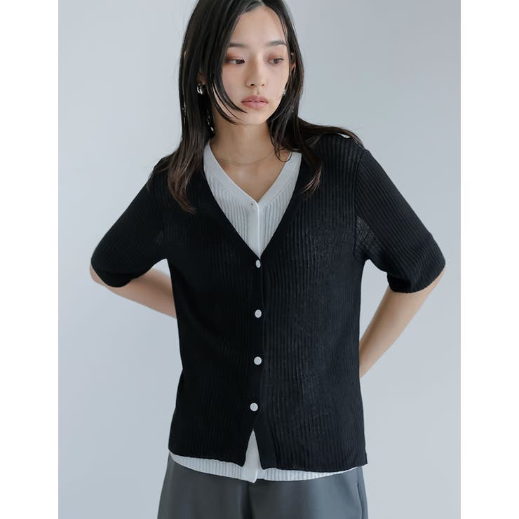 リブニット配色レイヤード風半袖カーディガン | Re:EDIT | 詳細画像9 