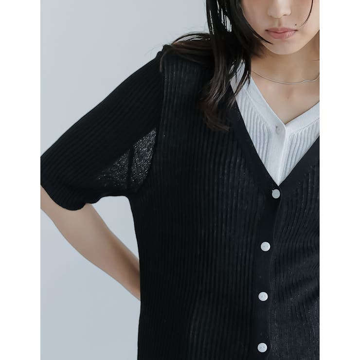 リブニット配色レイヤード風半袖カーディガン | Re:EDIT | 詳細画像10 