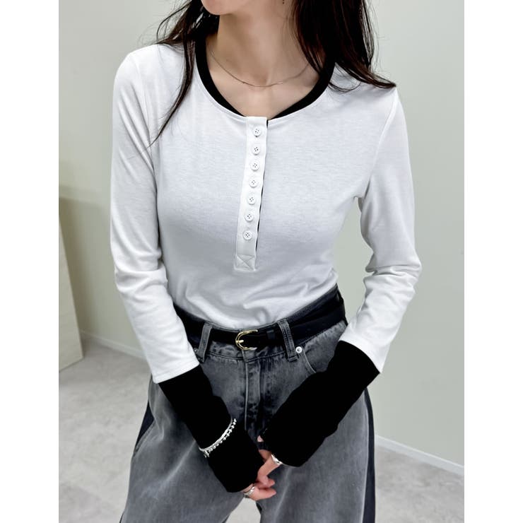 [涼感]配色レイヤード風ヘンリーネックニットトップス | Re:EDIT | 詳細画像4 