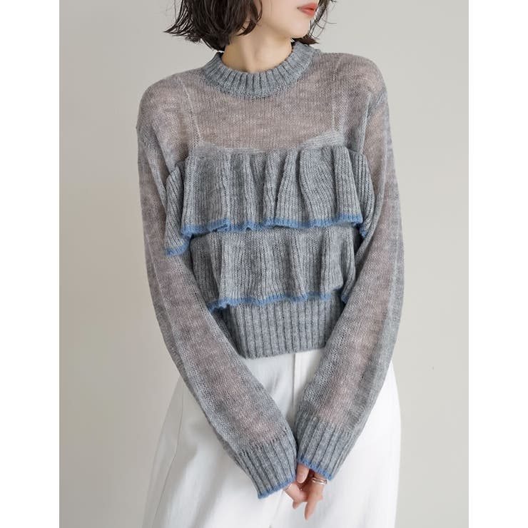 透かし編みモヘアタッチフリルニットトップス[品番：GS000022999]｜Re